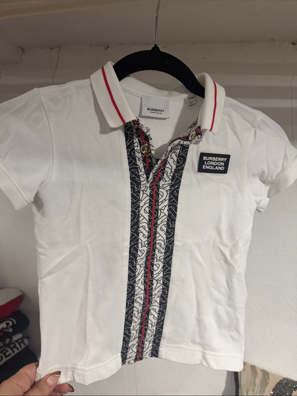 Burberry White Polo with Navy Monogram Stripe and Red Trim